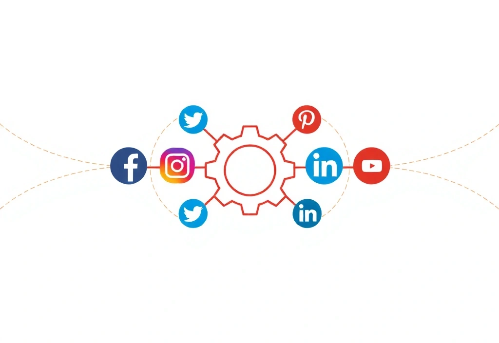 Representación de diferentes íconos de redes sociales flotando alrededor de un ícono de engranaje, simbolizando la integración de terceros.